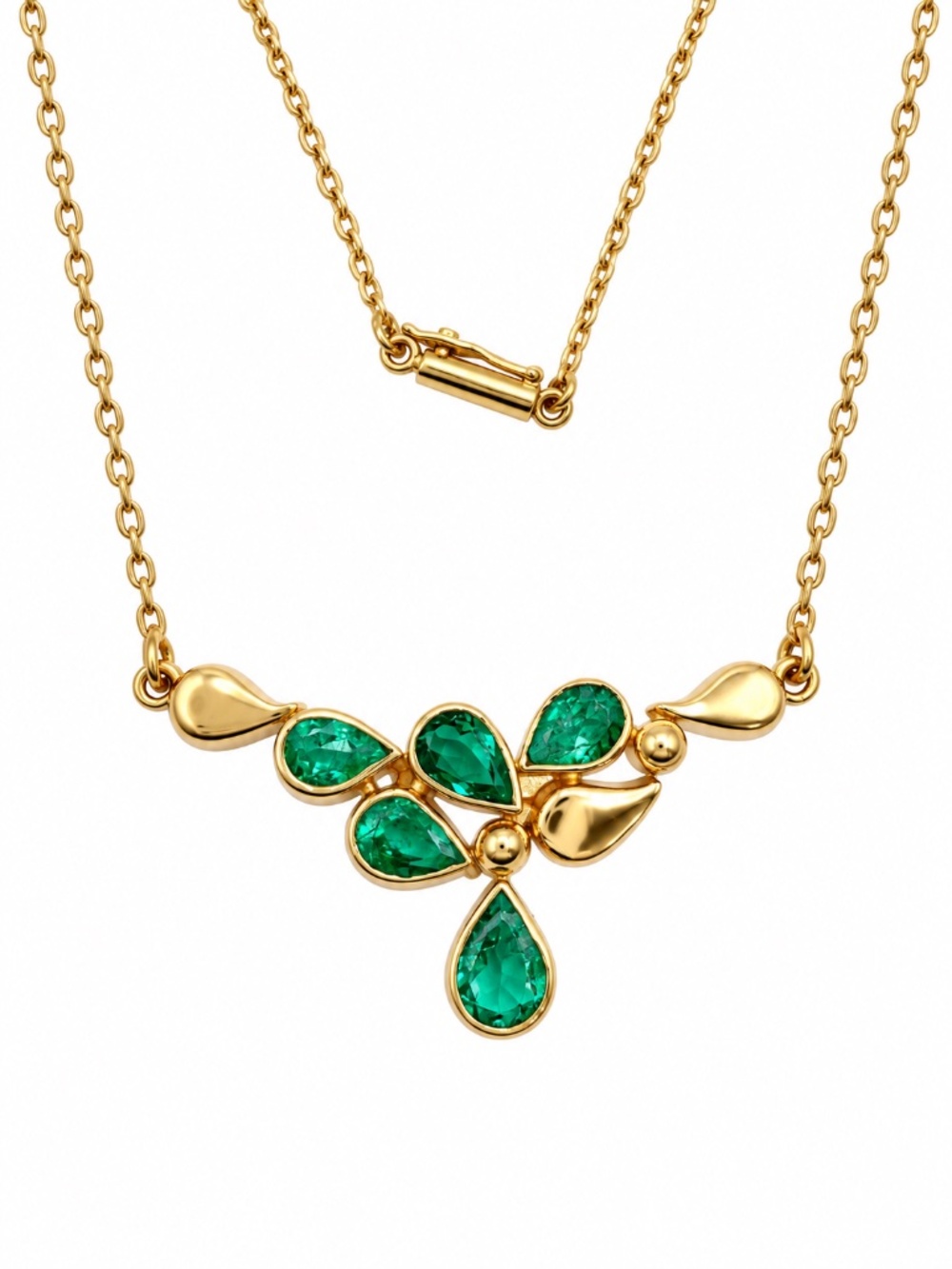 18k Solid Yellow Gold Natural Emerald Necklace in a Organic Botanical Design